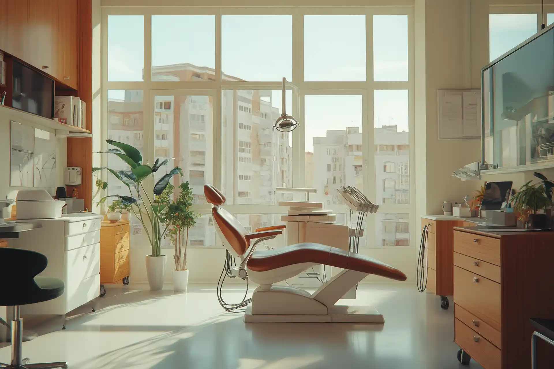 Image of a dental chair and big buildings in background near Capital Dental Center.